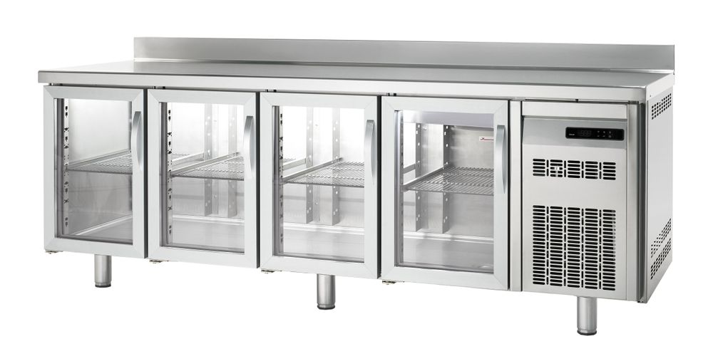 Table réfrigérée Premium avec dosseret et portes vitrées 4/0