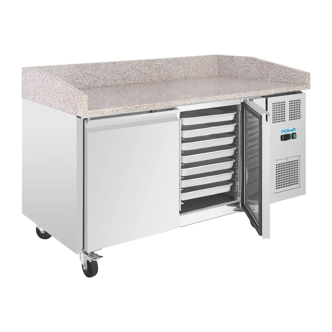 Table à pizza Polar U-Series 2 portes avec plan de travail en granit 428 litres sur roulettes