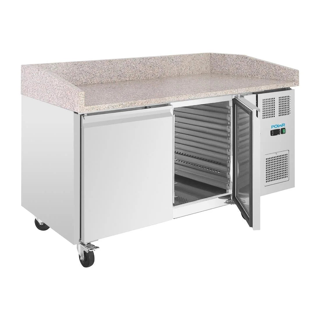 Table à pizza Polar U-Series 2 portes avec plan de travail en granit 428 litres sur roulettes