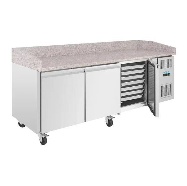 Table à pizza Polar U-Series 3 portes avec plan de travail en granit 634 litres sur roulettes