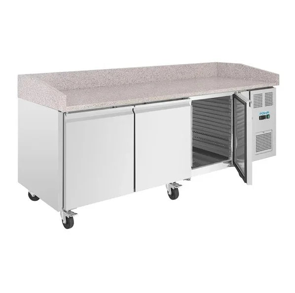 Table à pizza Polar U-Series 3 portes avec plan de travail en granit 634 litres sur roulettes