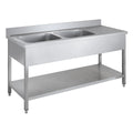 Table de lavage Basic 16x6 avec 2 cuves à gauche, dosseret et étagère inférieure