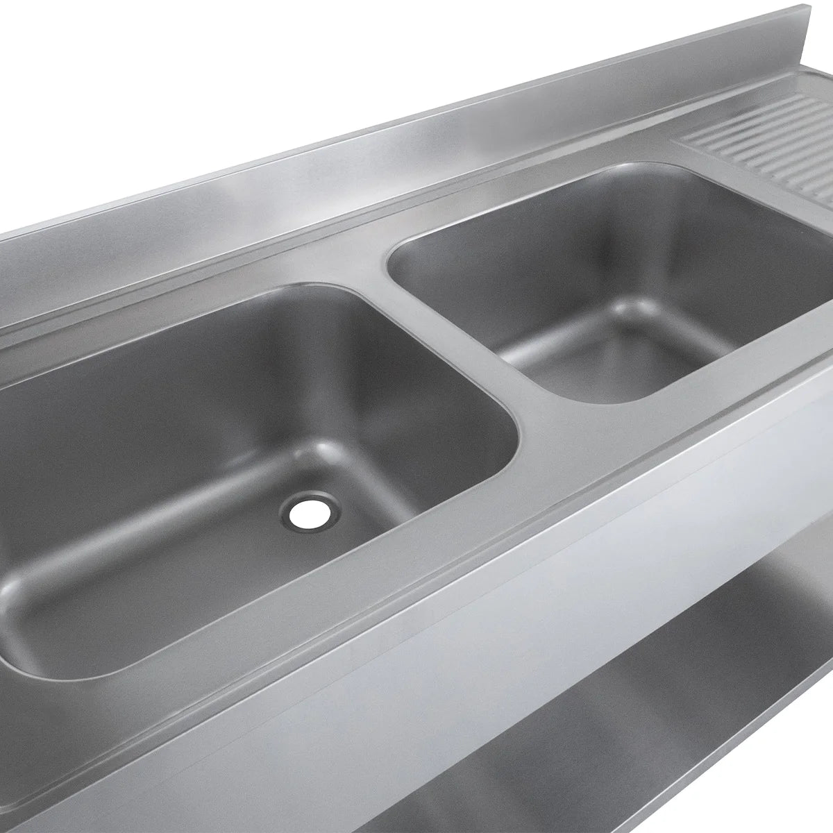 Table de lavage Basic 16x6 avec 2 cuves à gauche, dosseret et étagère inférieure