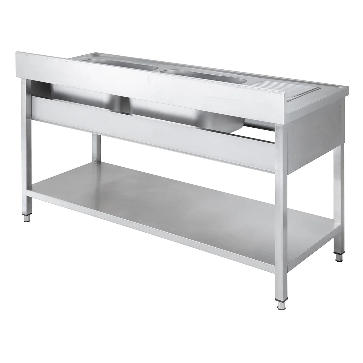 Table de lavage Basic 16x6 avec 2 cuves à droite, dosseret et étagère inférieure