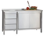 Armoire de travail professionnelle en inox avec portes coulissantes - dosseret et 3 tiroirs 1600 x 600 x 850 mm