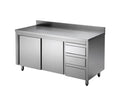 Armoire de travail en acier inoxydable ECO avec portes battantes et 3 tiroirs 12x6 avec dosseret