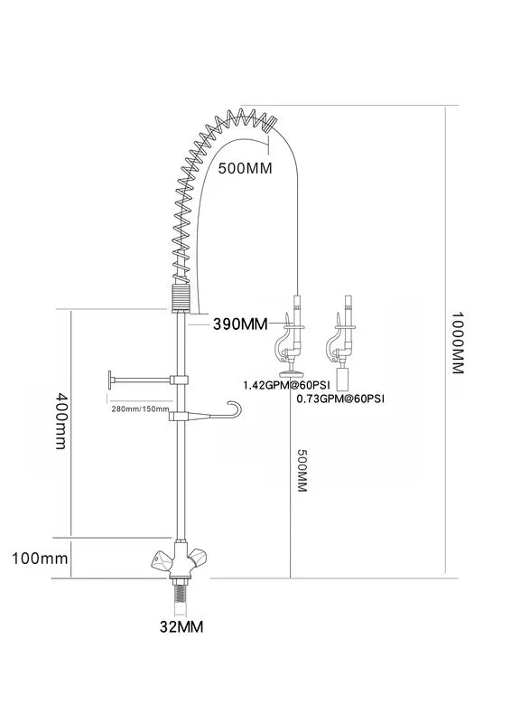 Douchette professionnelle monotrou avec mitigeur - 1.000 mm