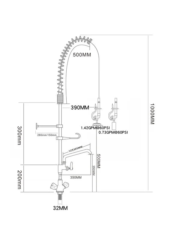 Douchette professionnelle monotrou avec colonne réglable, mitigeur et robinet pivotant - 1.000 mm