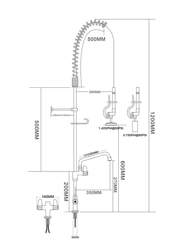 Douchette professionnelle monotrou avec mitigeur et robinet pivotant séparé - 1.200 mm