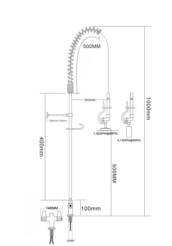 Douchette professionnelle monotrou avec levier et mitigeur - 1.000 mm