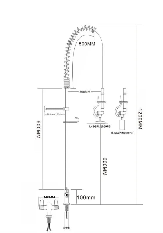 Douchette professionnelle monotrou avec levier et mitigeur - 1.200 mm