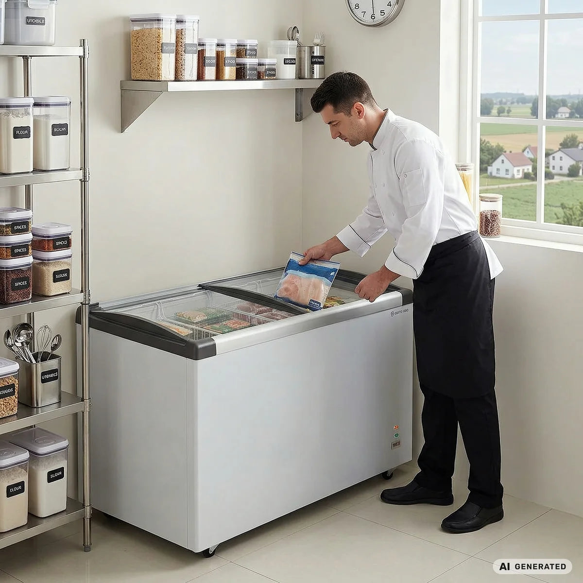 Congélateur coffre ECO 450 avec couvercle coulissant en verre, 4 roulettes