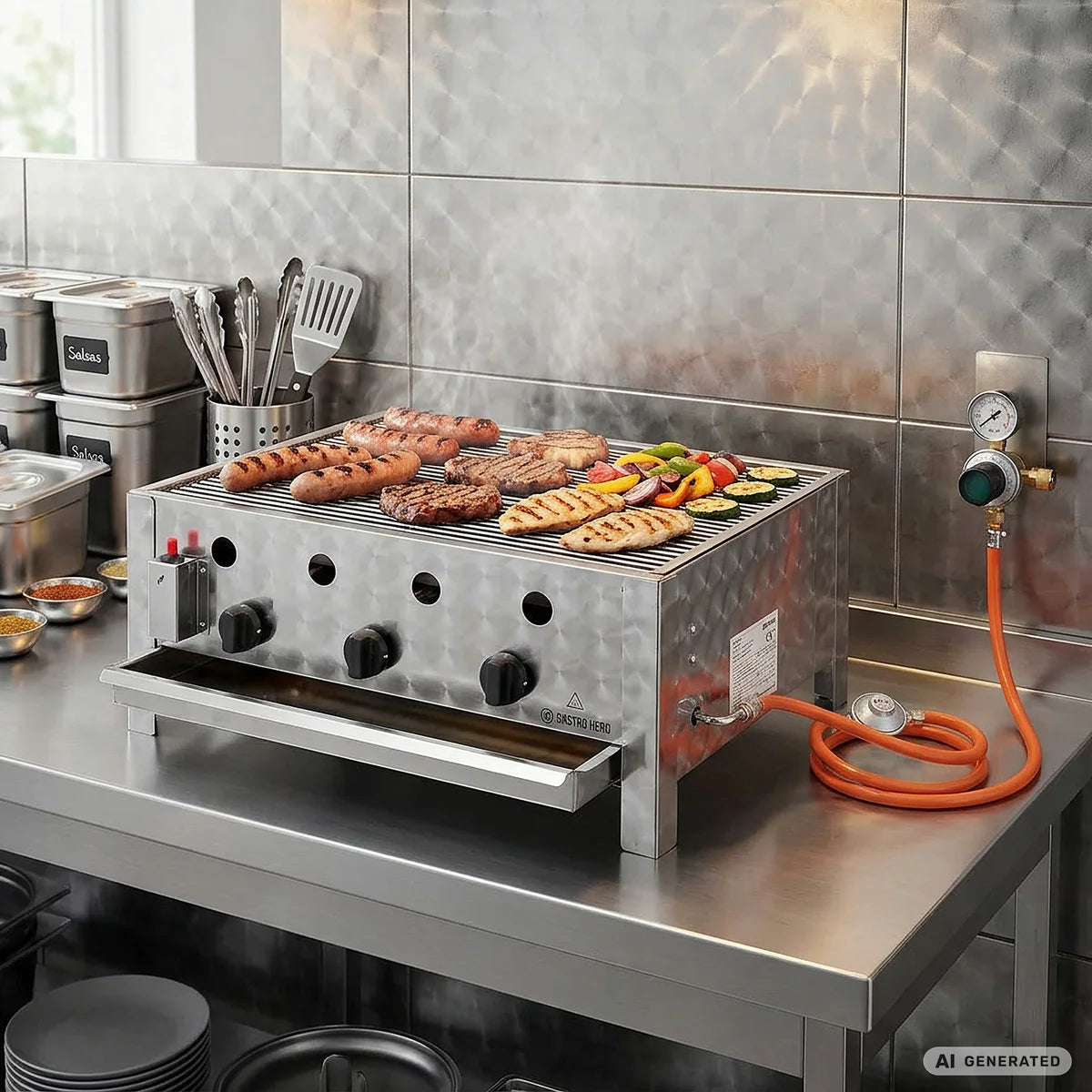 grill à gaz avec 3 brûleurs 10 kW, 650 x 570 x 270 mm