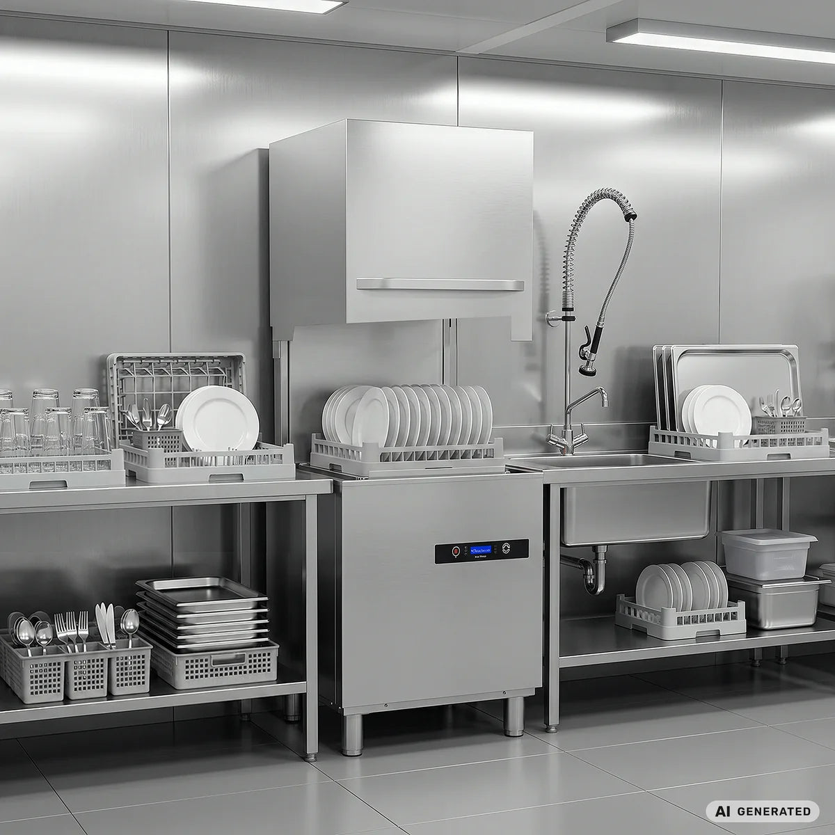 Lave-vaisselle à capot HYPRO Digital 54 SL 50x50 cm (dimensions du panier), avec doseur de détergent et de produit de rinçage, avec pompe de vidange, pompe de surpression, Fabriqué en Europe, 400 Volt