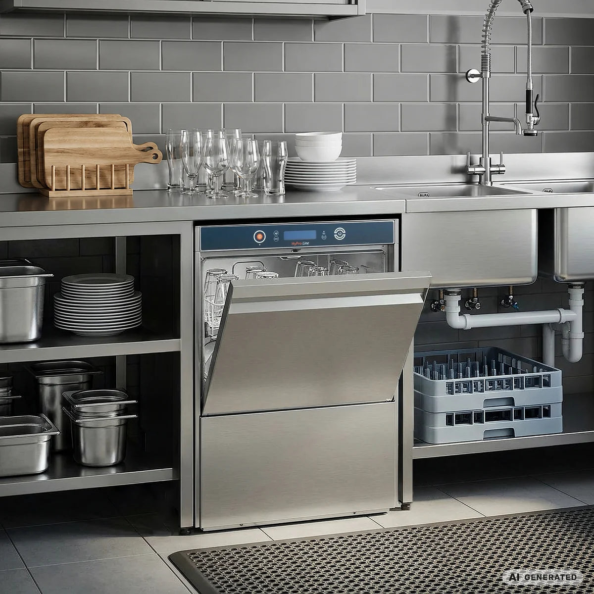 Lave-vaisselle HYPRO Digital 54 SL panier 50x50 cm, avec doseur de détergent & de produit de rinçage, avec pompe de vidange, pompe de surpression, Fabriqué en Europe, 400 V