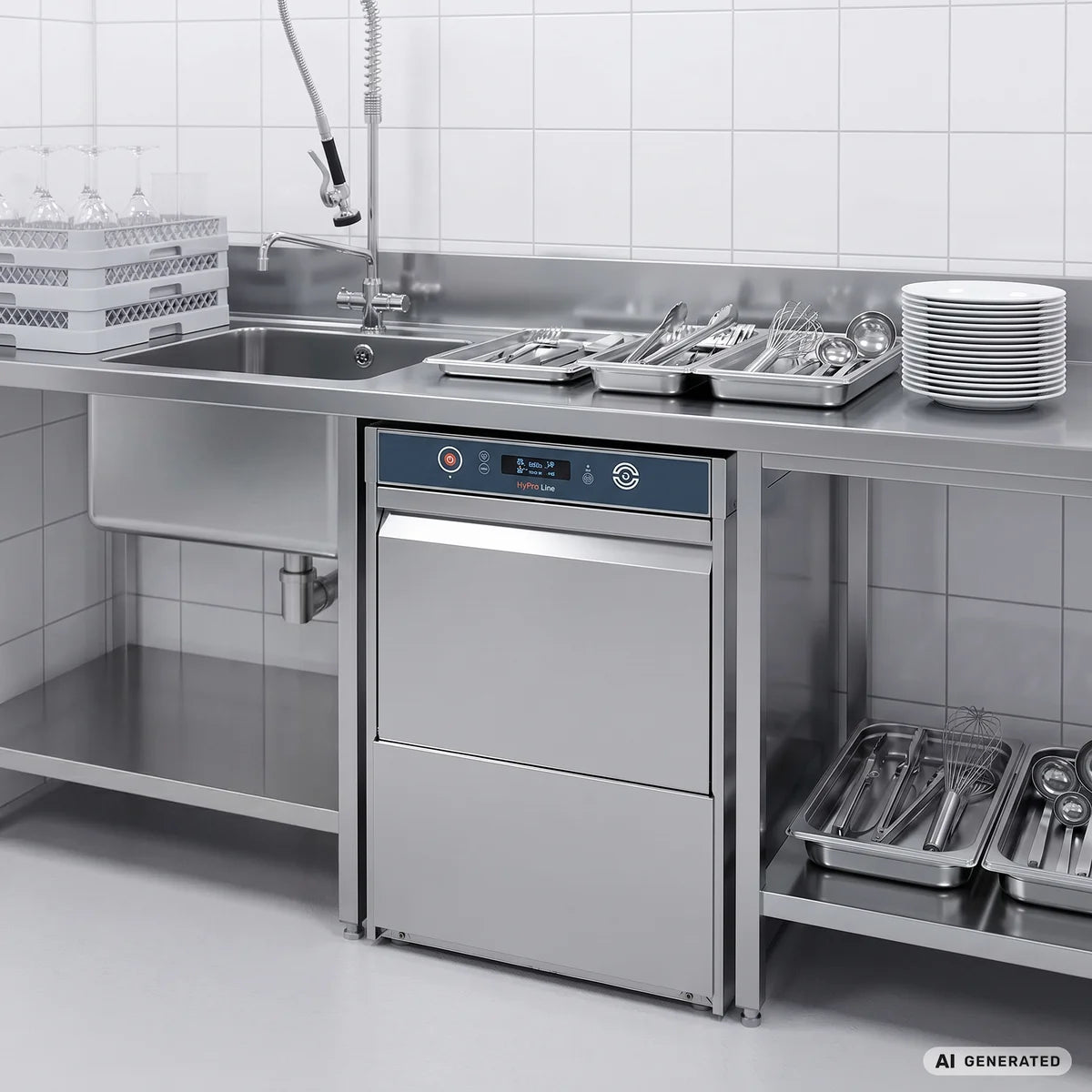 Lave-verres HYPRO Digital 40 SL 40 x 40 cm (panier), avec doseur de détergent & doseur de produit de rinçage, avec pompe de vidange & pompe de surpression, Fabriqué en Europe, 230 V