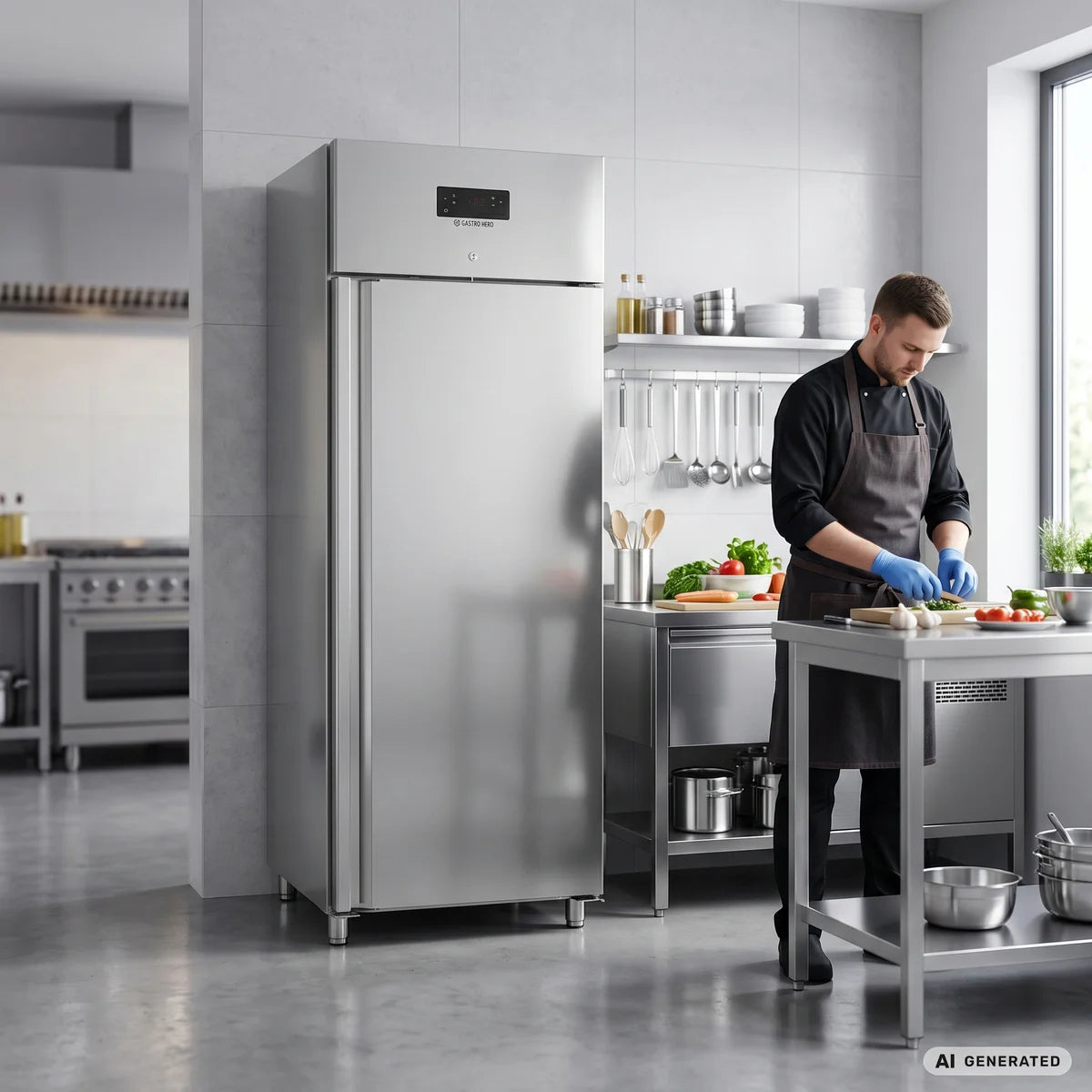 Armoire réfrigérée professionnelle ECO 700 GN 2/1 monobloc, volume de réfrigération 616 litres, 3 clayettes réglables, construction robuste, inox