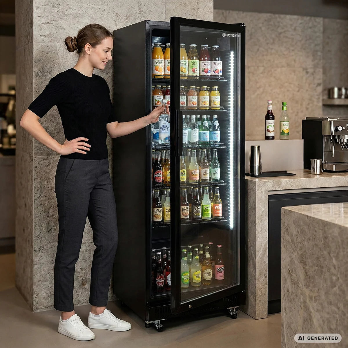 Armoire à boissons GKS-360, volume utile 360 litres, 5 clayettes réglables, éclairage intérieur, verrouillable, noir