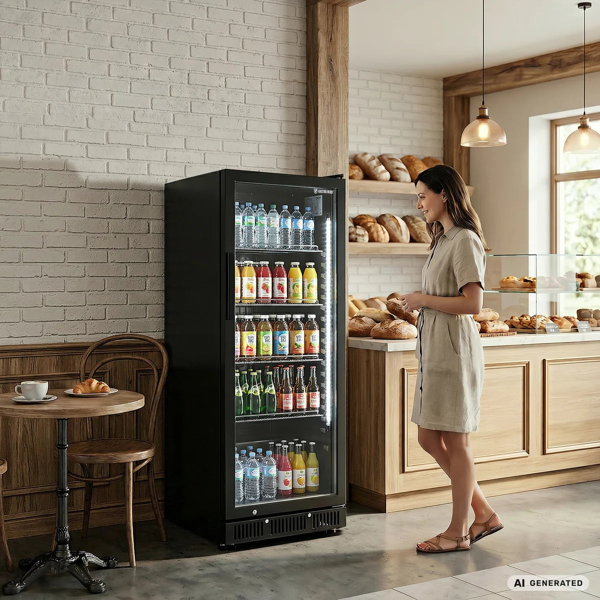 Armoire à boissons GKS-230, volume utile 230 litres, 4 clayettes réglables, éclairage intérieur, verrouillable, noir