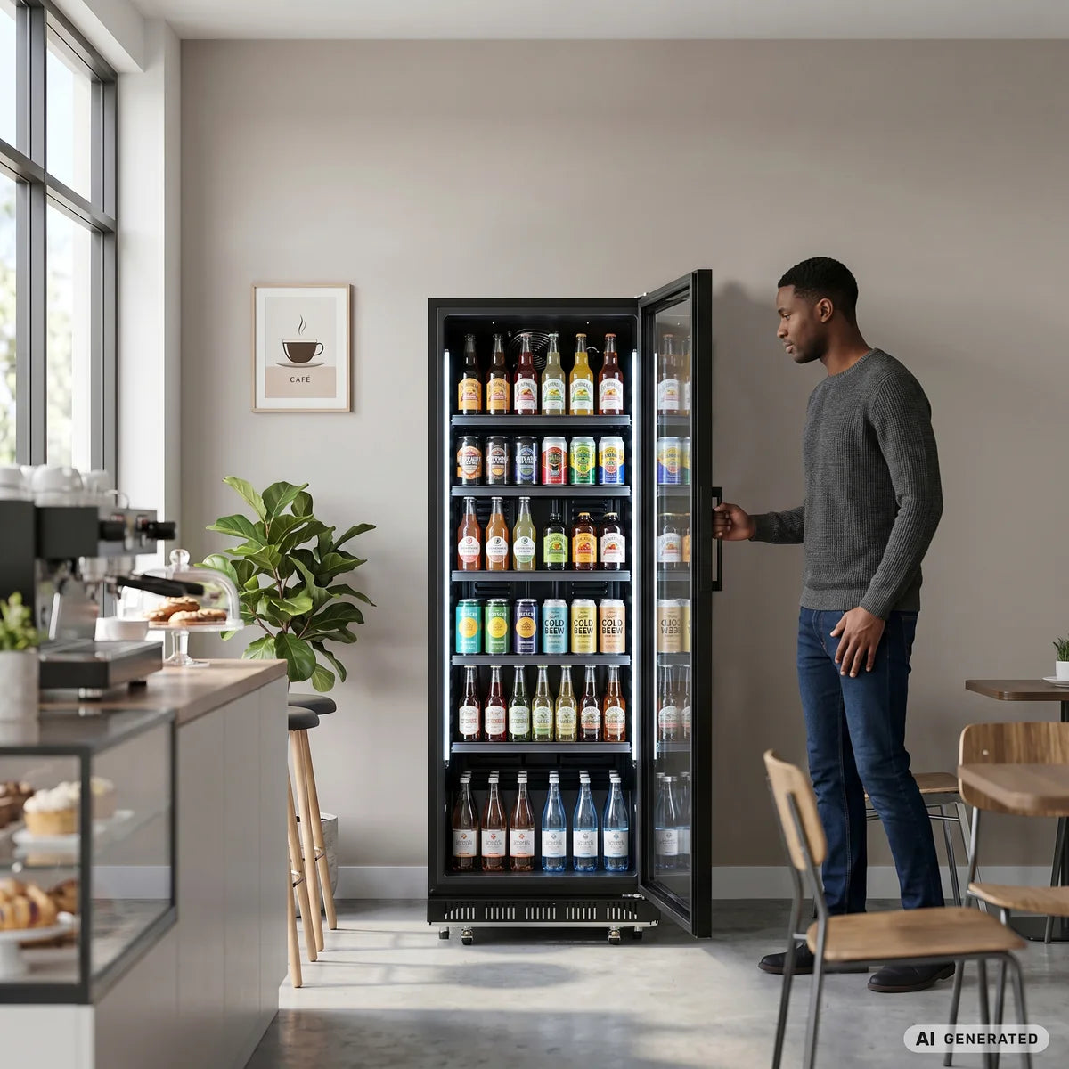 Armoire à boissons GK-360BB, volume utile 360 Litres, 4 clayettes réglables, éclairage intérieur, verrouillable, noir
