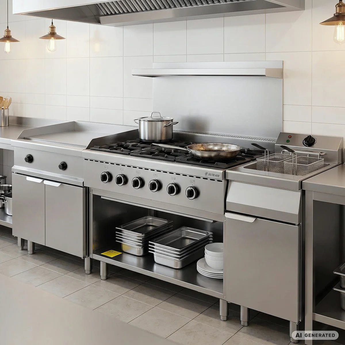Cuisinière à gaz ECO avec soubassement ouvert - 43,2 kW - 6 brûleurs