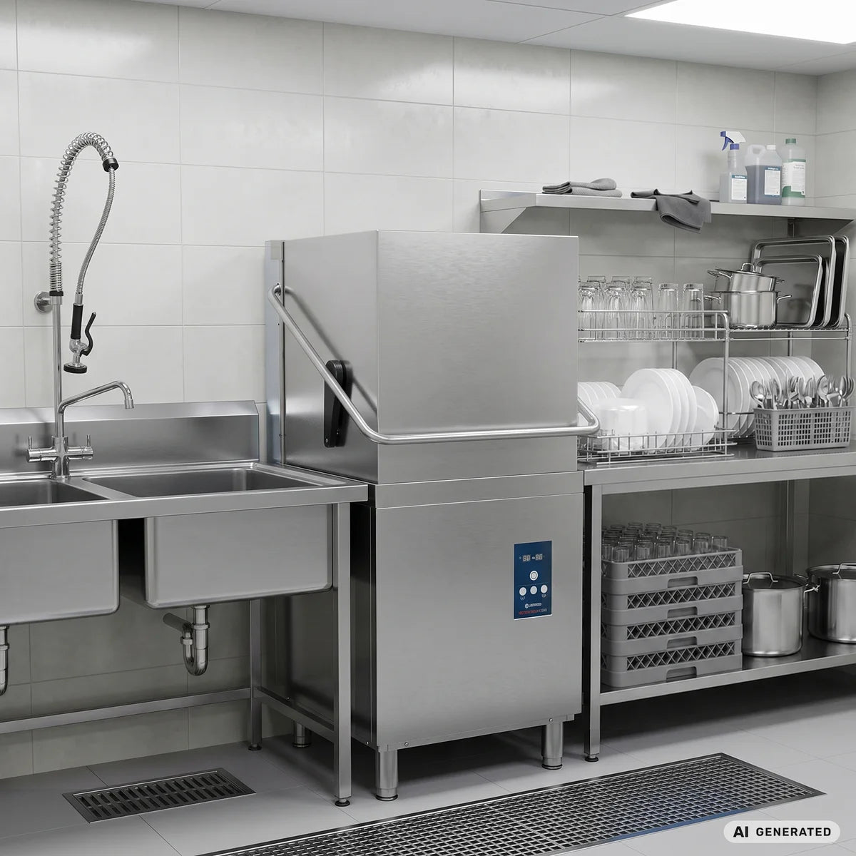 Lave-vaisselle à capot ECO 54 SLE 50x50 cm (dimensions du panier), avec doseur de détergent et de produit de rinçage, avec pompe de vidange & adoucisseur, Fabriqué en Europe, 400 Volt