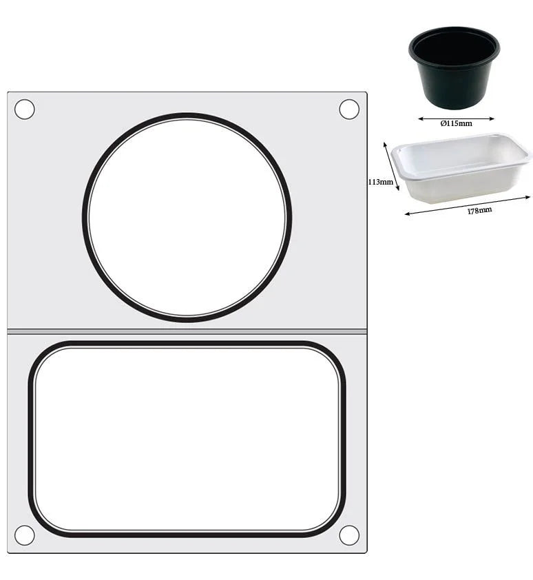 Matrice de scellage Hendi pour scelleuse de barquettes Compact, 1 barquette 178 x 113 mm et 1 barquette ronde Ø 115 mm