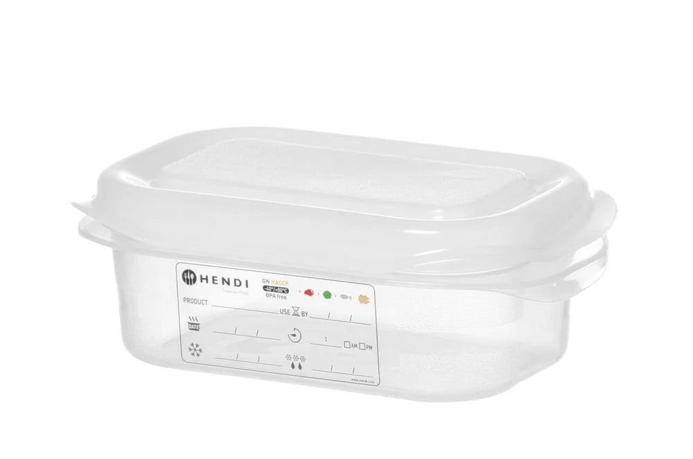 Bac GN Hendi avec couvercle et clips HACCP, GN 1/9, 65 mm, 0,6 L, PP
