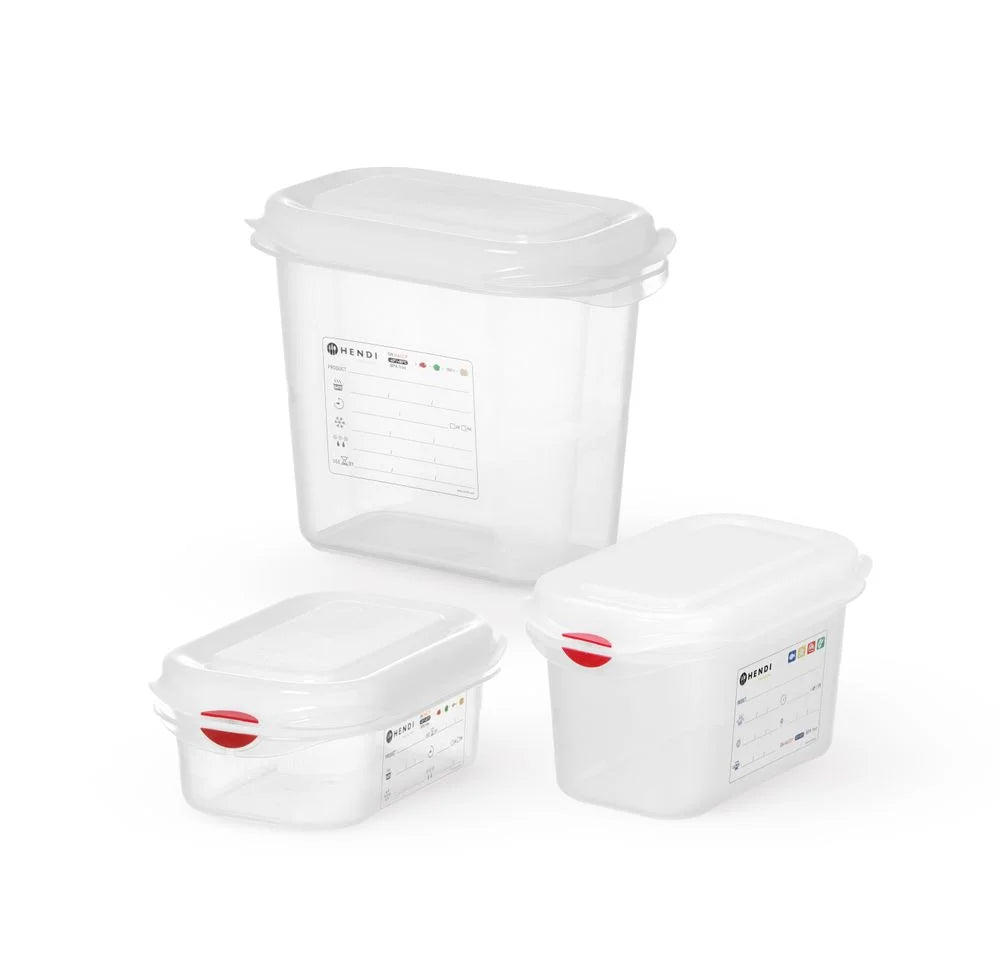 Bac GN Hendi avec couvercle et clips HACCP, GN 1/2, 100 mm, 6,5 L, PP
