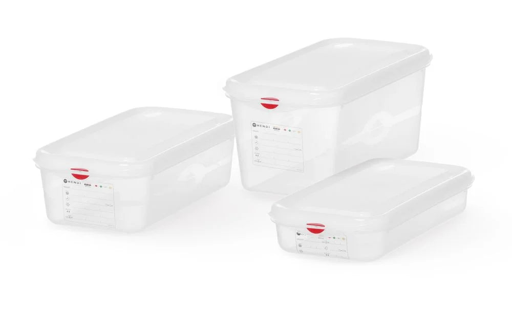 Bac GN Hendi avec couvercle et clips HACCP, GN 1/2, 100 mm, 6,5 L, PP