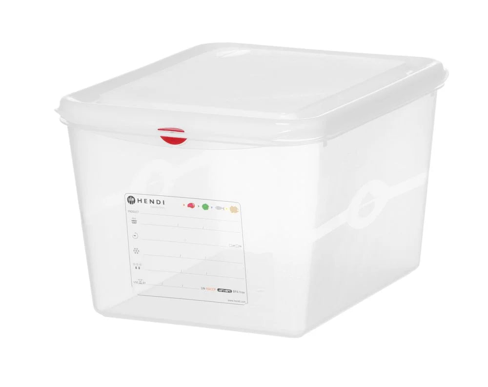 Bac GN Hendi avec couvercle et clips HACCP, GN 1/2, 200 mm, 12,5 L, PP