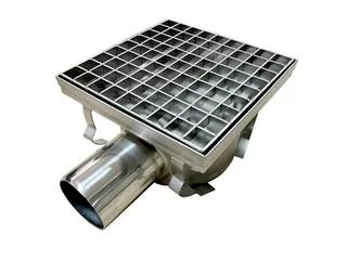 Siphon de sol en inox, 200 x 200 x 131 mm, sortie horizontale