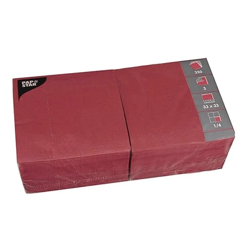 Papstar 250 serviettes, 3 plis, pliage 1/4 33 cm x 33 cm bordeaux