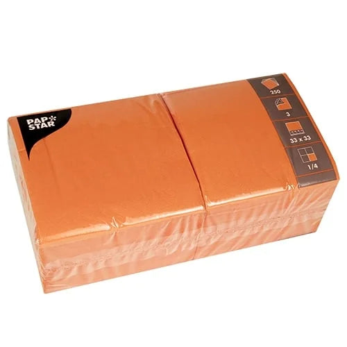 Papstar 250 serviettes, 3 plis, pliage 1/4 33 cm x 33 cm nectarine