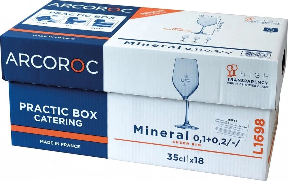 Verre à vin Arcoroc Mineral 35 cl avec traits de jauge à 0,1 et 0,2 l, boîte Practic de 18