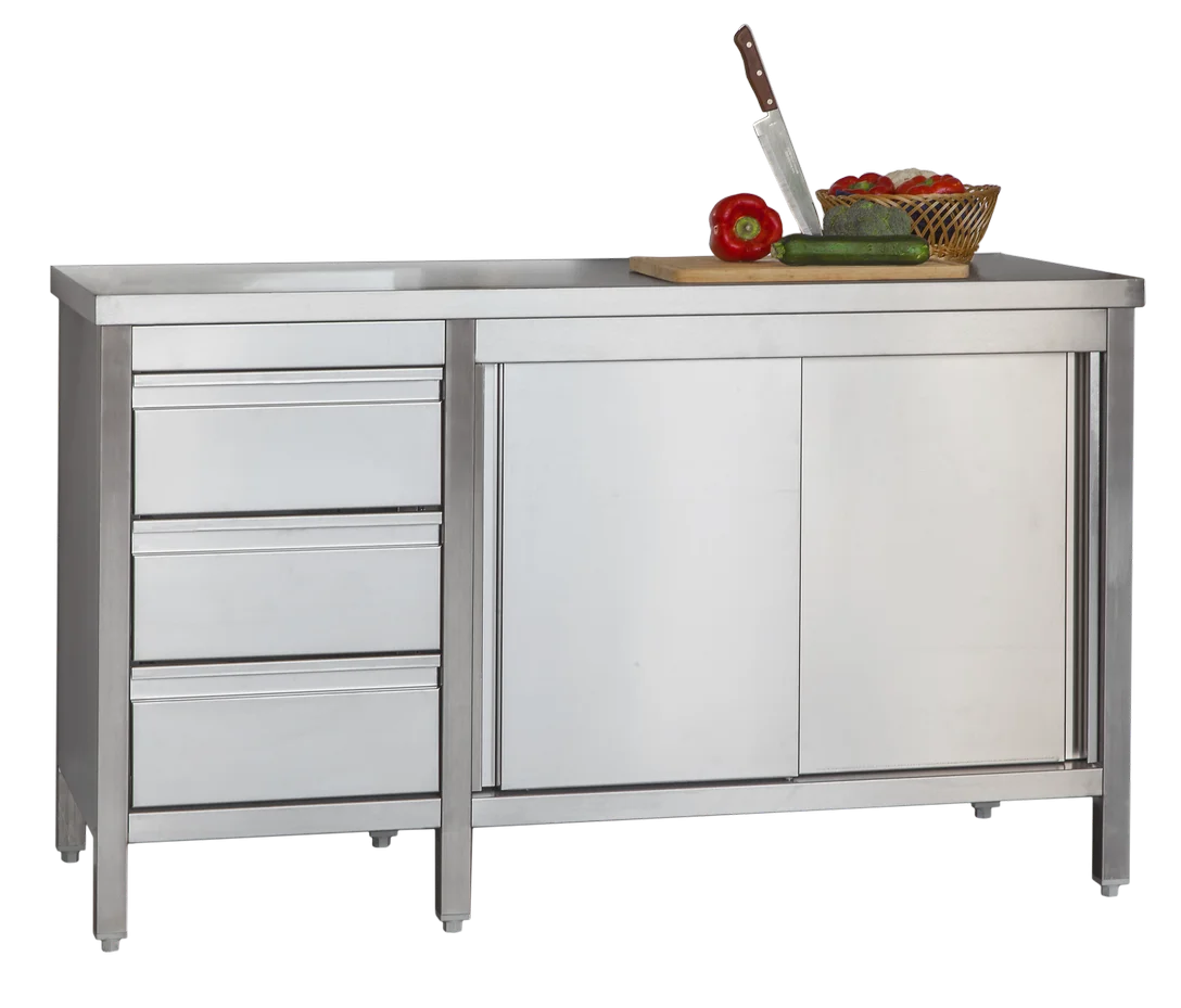 Armoire de travail professionnelle en inox avec portes coulissantes et 3 tiroirs 1400 x 700 x 850 mm