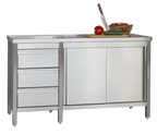 Armoire de travail professionnelle en inox avec portes coulissantes et 3 tiroirs 2000 x 600 x 850 mm
