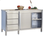 Armoire de travail professionnelle en inox avec portes coulissantes et 3 tiroirs 2000 x 700 x 850 mm