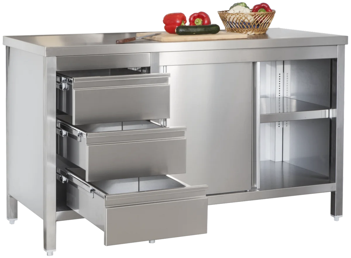 Armoire de travail professionnelle en inox avec portes coulissantes et 3 tiroirs 2000 x 600 x 850 mm