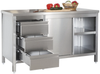 Armoire de travail professionnelle en inox avec portes coulissantes et 3 tiroirs 2000 x 700 x 850 mm