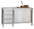 Armoire de travail professionnelle en inox avec portes coulissantes - dosseret et 3 tiroirs 2000 x 600 x 850 mm