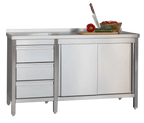 Armoire de travail professionnelle en inox avec portes coulissantes - dosseret et 3 tiroirs 2000 x 600 x 850 mm
