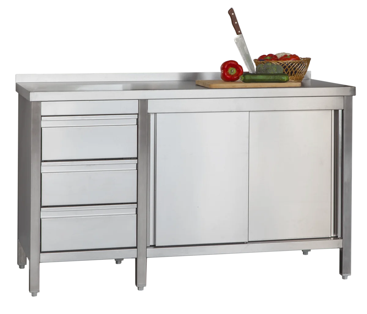 Armoire de travail professionnelle en inox avec portes coulissantes - dosseret et 3 tiroirs 1800 x 600 x 850 mm