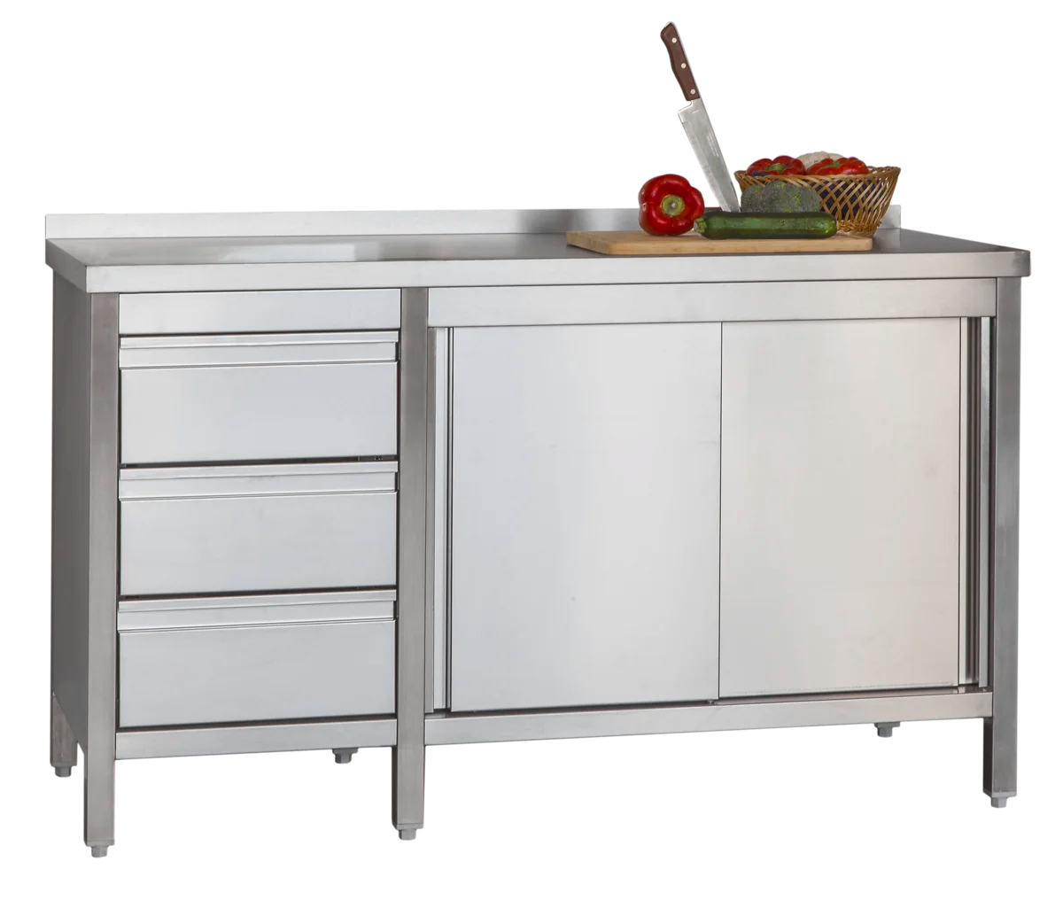 Armoire de travail professionnelle en inox avec portes battantes - dosseret et 3 tiroirs 1000 x 600 x 850 mm
