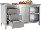 Armoire de travail professionnelle en inox avec portes coulissantes - dosseret et 3 tiroirs 1800 x 600 x 850 mm