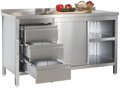 Armoire de travail professionnelle en inox avec portes coulissantes - dosseret et 3 tiroirs 1800 x 700 x 850 mm