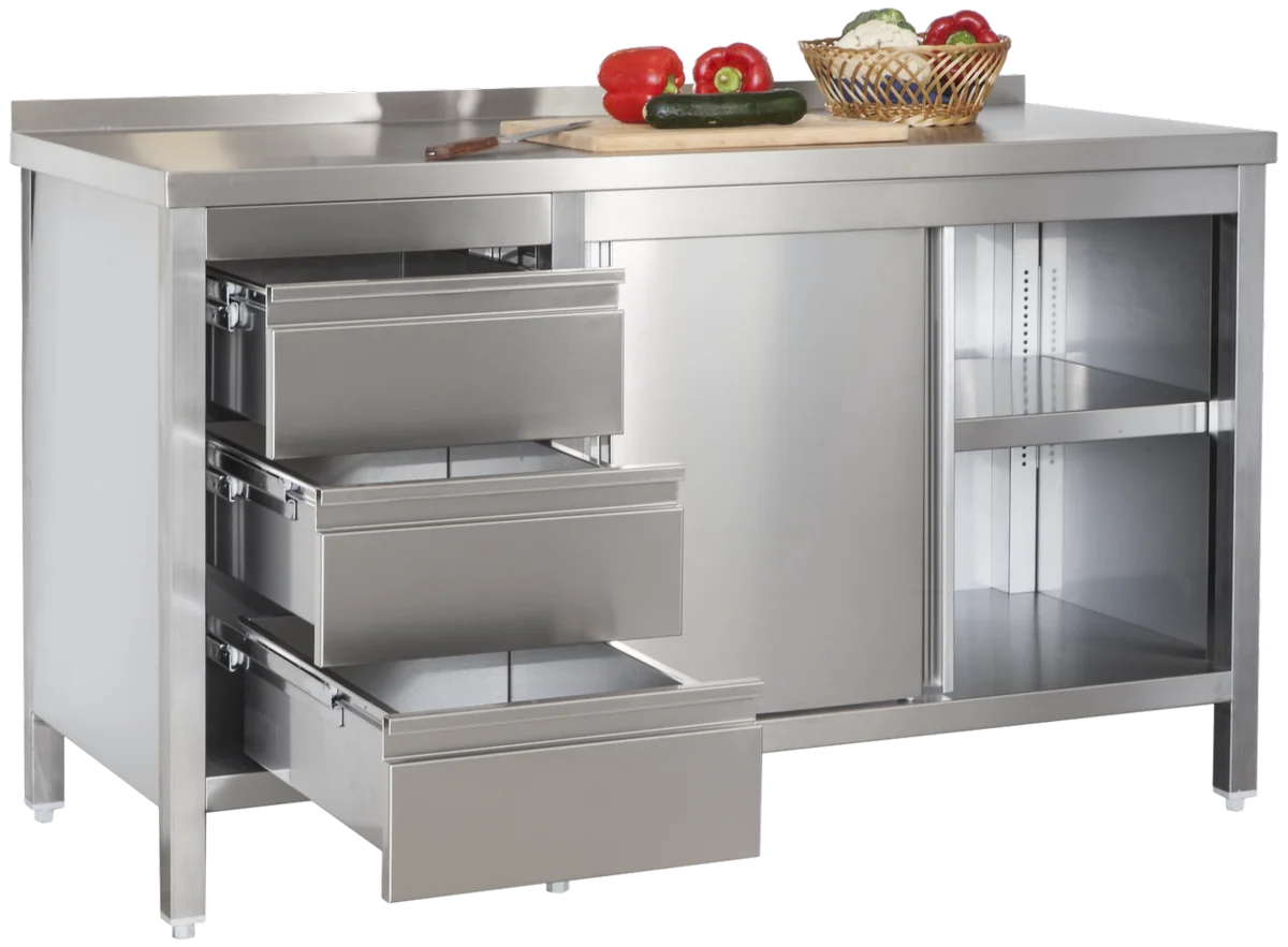 Armoire de travail professionnelle en inox avec portes coulissantes - dosseret et 3 tiroirs 1600 x 700 x 850 mm