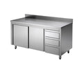 Armoire de travail ECO en inox avec porte coulissante et 3 tiroirs 20x7 avec dosseret / bloc de tiroirs à gauche