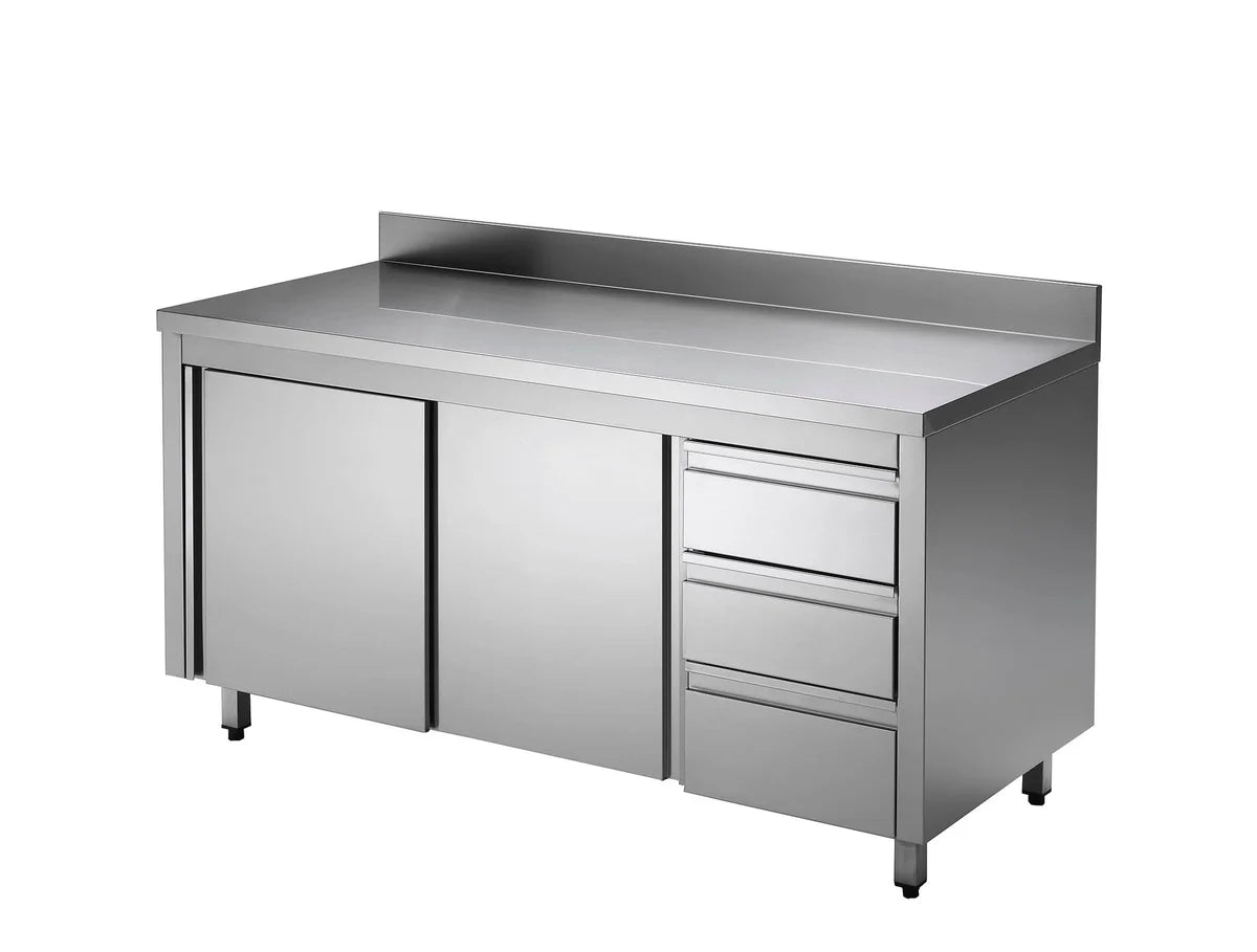 Armoire de travail ECO en inox avec porte coulissante et 3 tiroirs 20x7 avec dosseret / bloc de tiroirs à gauche