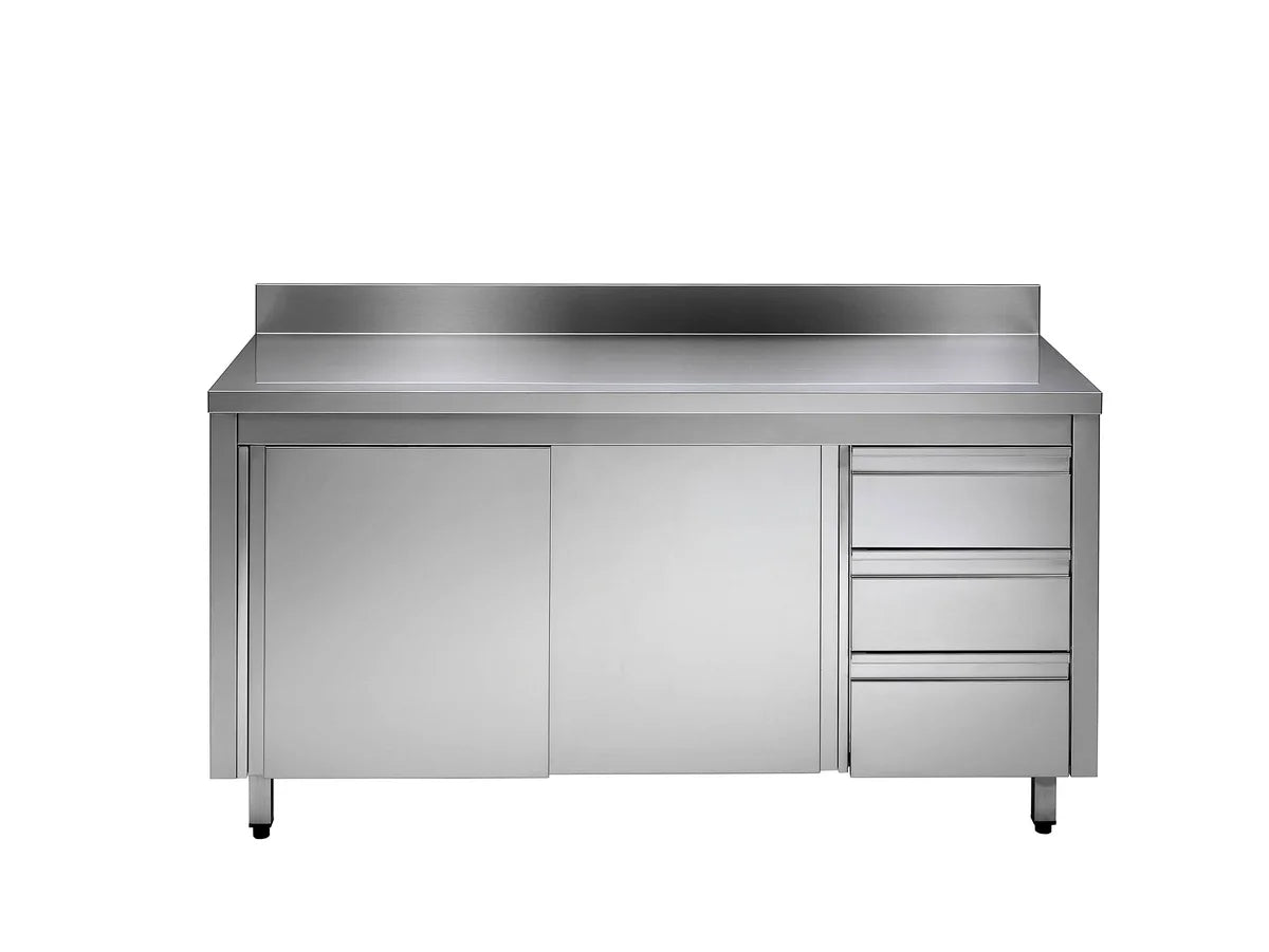 Armoire de travail ECO en inox avec porte coulissante et 3 tiroirs 20x7 avec dosseret / bloc de tiroirs à gauche
